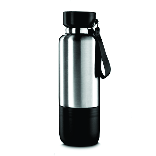 Garrafa térmica em aço inox com parede dupla isolada a vácuo, capacidade de 500 ml e cordão tipo mosquetão. 26 X ø7 cm