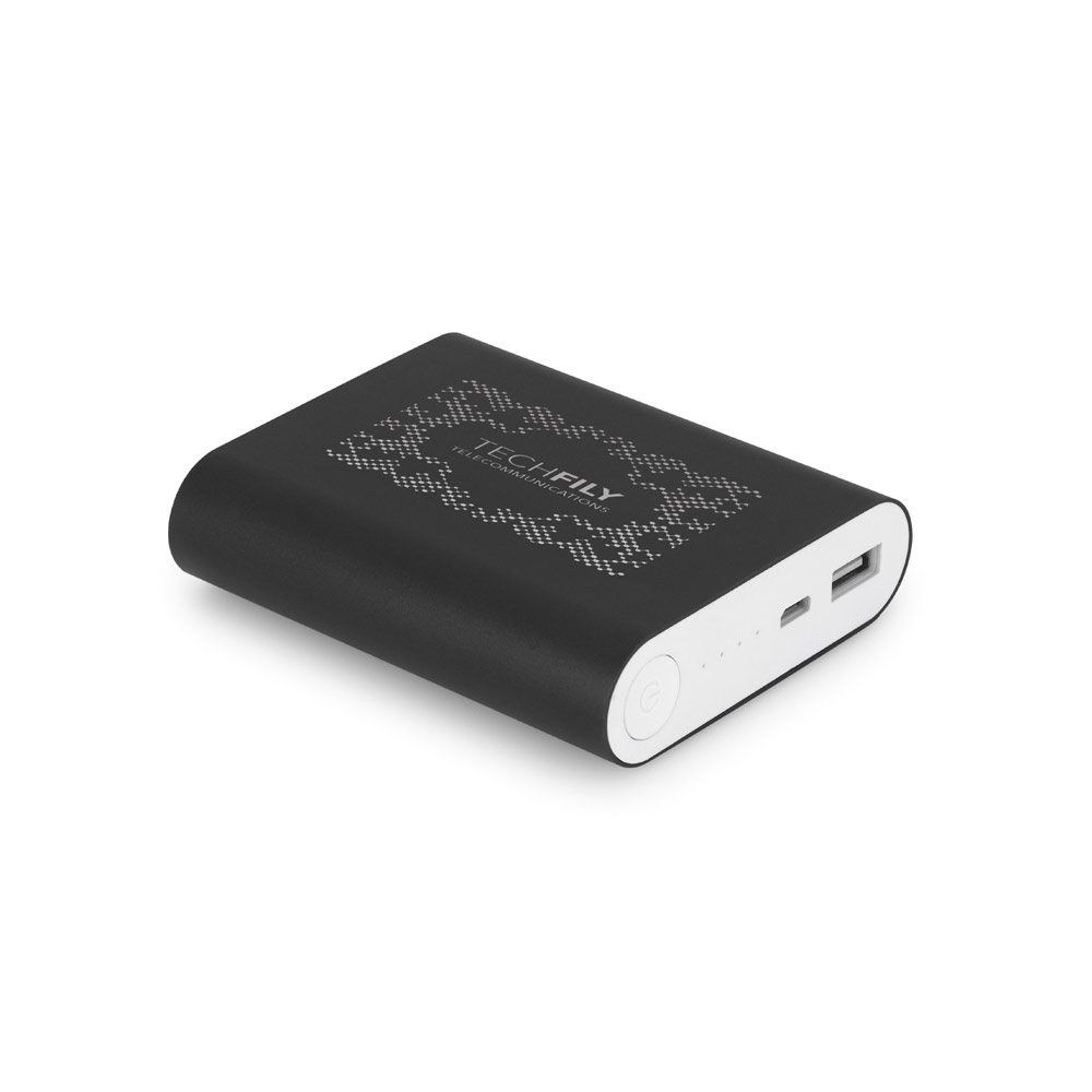 Bateria portátil em alumínio com capacidade de 8.000 mAh. 90 x 77 x 22 mm.