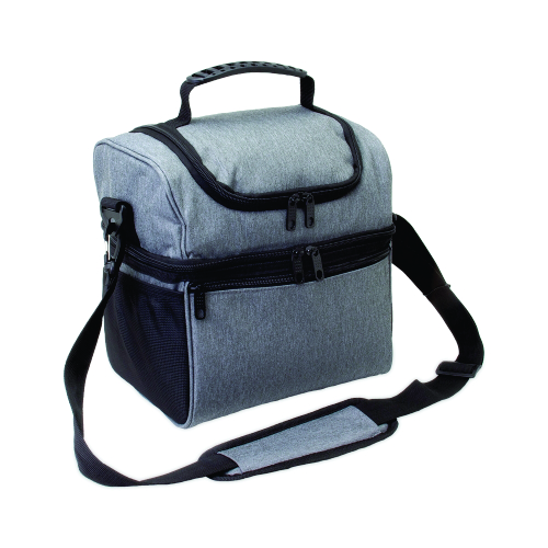 Bolsa térmica dupla de nylon com três compartimentos, capacidade de 16 litros.