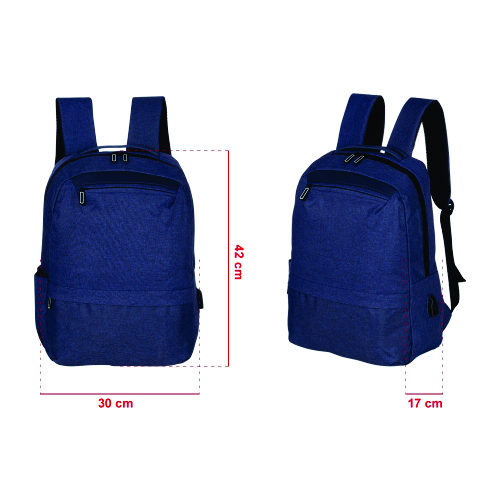 Mochila de nylon 21 litros com três compartimentos, possui bolso lateral e suporte externo usb. 42 x 30 x 17 cm