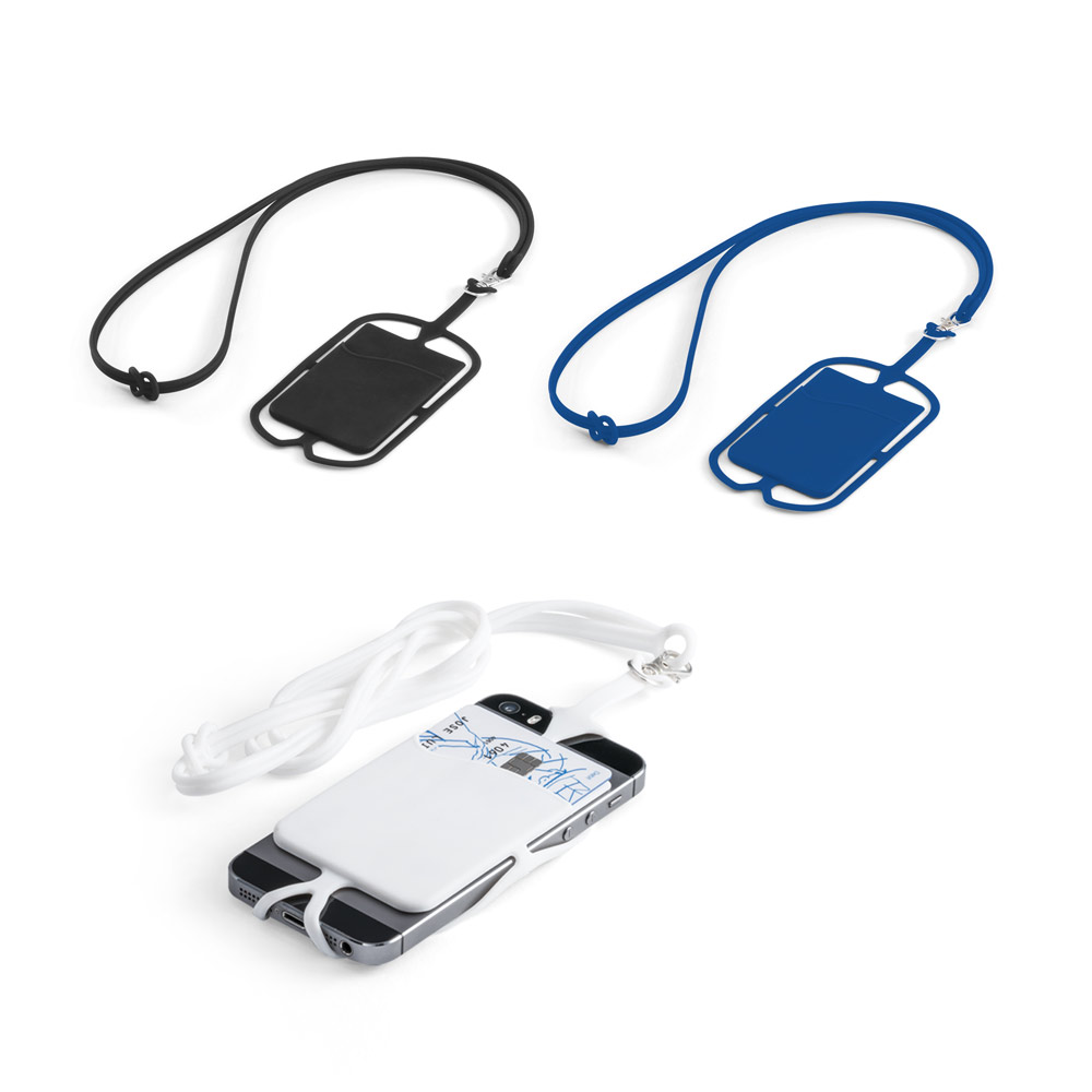 Porta cartões em silicone com cordão e suporte para celular. Porta-cartões: 57 x 86 x 4 mm | Lanyard: 420 mm