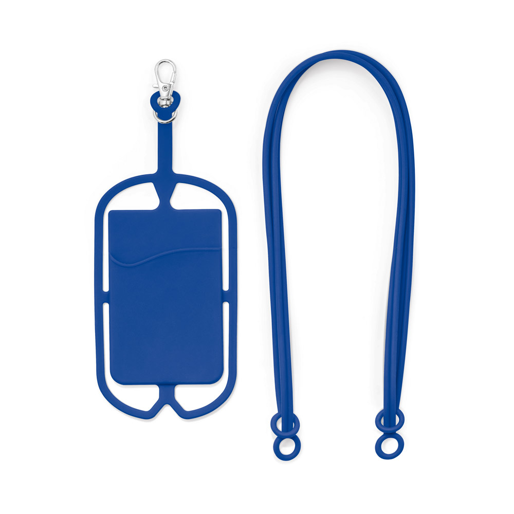 Porta cartões em silicone com cordão e suporte para celular. Porta-cartões: 57 x 86 x 4 mm | Lanyard: 420 mm