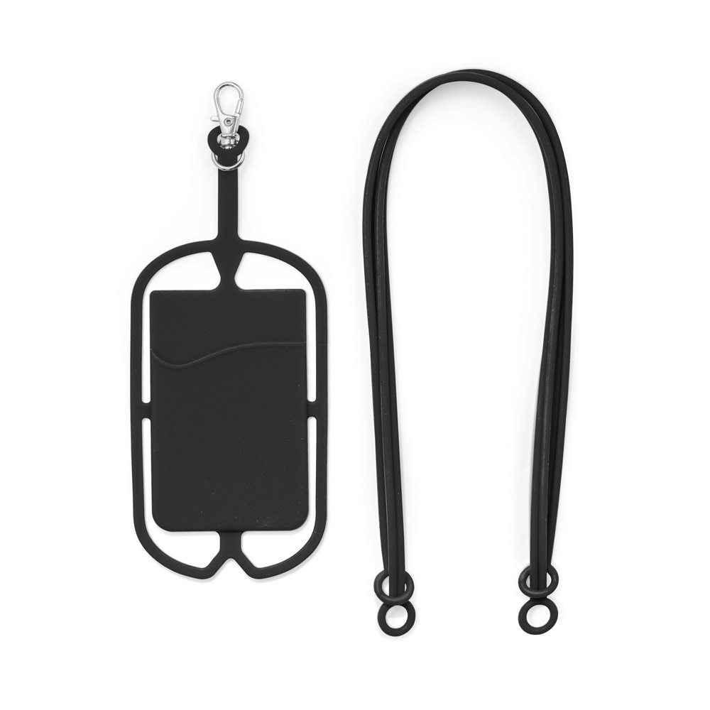 Porta cartões em silicone com cordão e suporte para celular. Porta-cartões: 57 x 86 x 4 mm | Lanyard: 420 mm