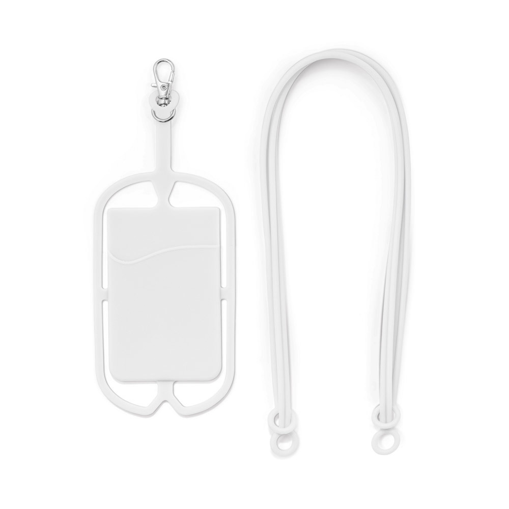 Porta cartões em silicone com cordão e suporte para celular. Porta-cartões: 57 x 86 x 4 mm | Lanyard: 420 mm