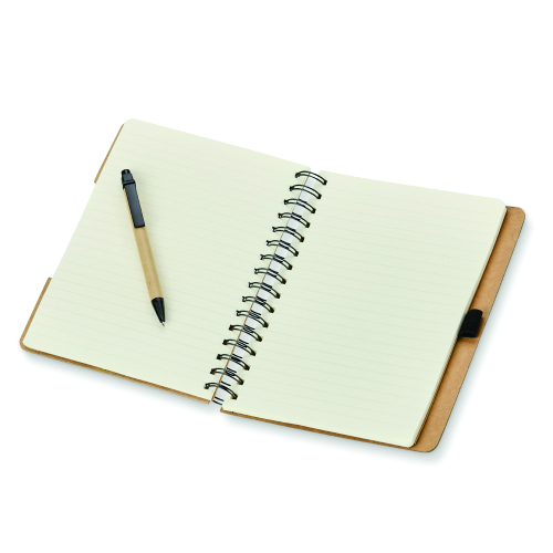 Caderno ecológico com auto adesivos e caneta, com capa produzida em papelão kraft. 21,2 x 17,6 x 2,4 cm