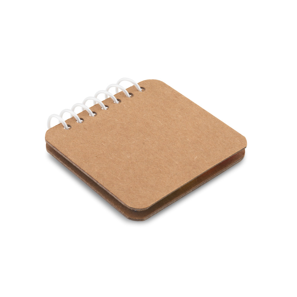 Bloco com 6 colunas de adesivo, espiral, com 25 folhas cada e capa em papel kraft reciclado. 75 x 70 mm