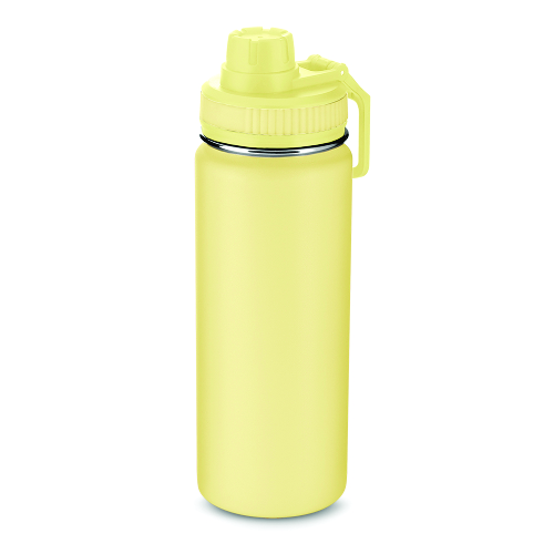 Novidade!!! Garrafa Térmica em aço inox, com tampa rosqueável e alça de plástico e anel de silicone para vedação.  Capacidade 571 ml.23xø7,3cm