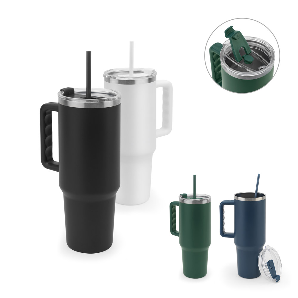 Novidade 2026!!! Copo de viagem de grande dimensão em aço inoxidável 91% reciclado com parede dupla isolada a vácuo e acabamento em mate 1300 mL