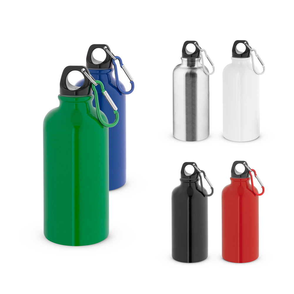 Novidade 2026!!! Squeeze esportiva em aço inox, de parede simples e acabamento brilhante com mosquetão 560 mL