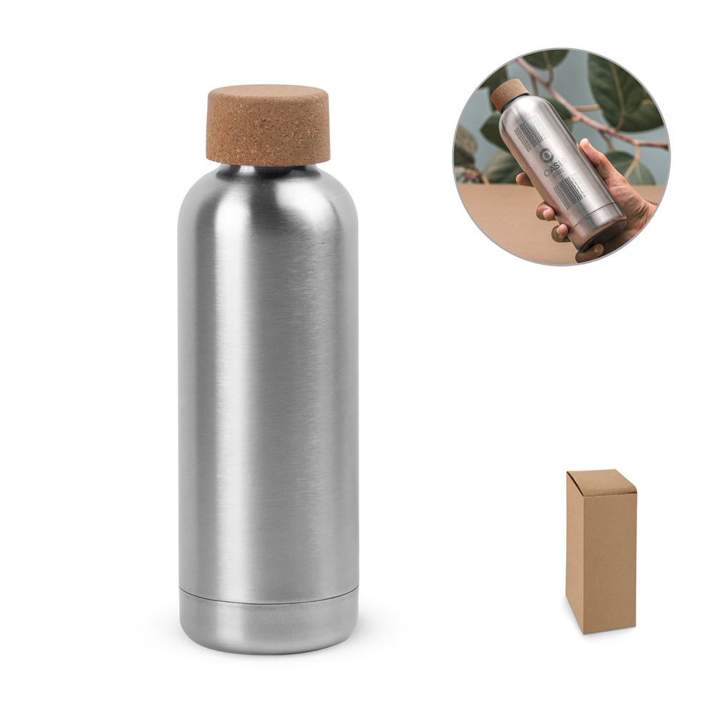 Novidades 2026!! Squeeze em aço inox de parede simples, com tampa em cortiça 760 mL