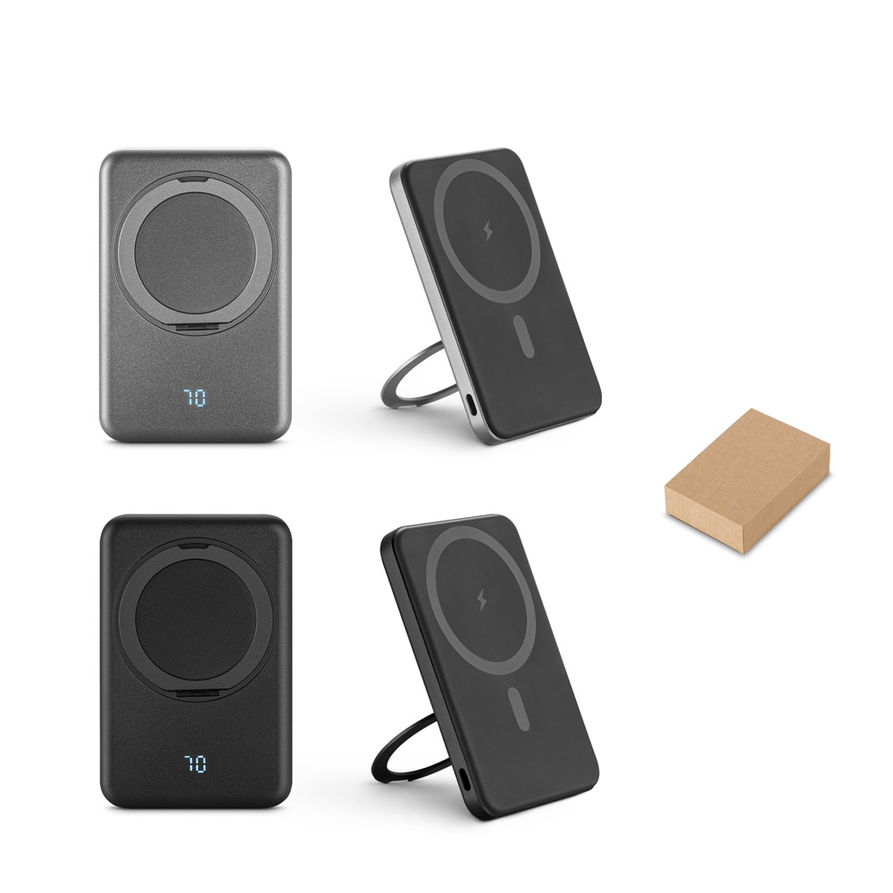 Novidades 2026!!! Bateria portátil magnética em ABS 100% reciclado com suporte, carregador wireless super-rápido 15W e capacidade de 5.000 mAh