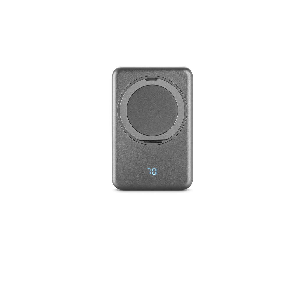 Novidades 2026!!! Bateria portátil magnética em ABS 100% reciclado com suporte, carregador wireless super-rápido 15W e capacidade de 5.000 mAh