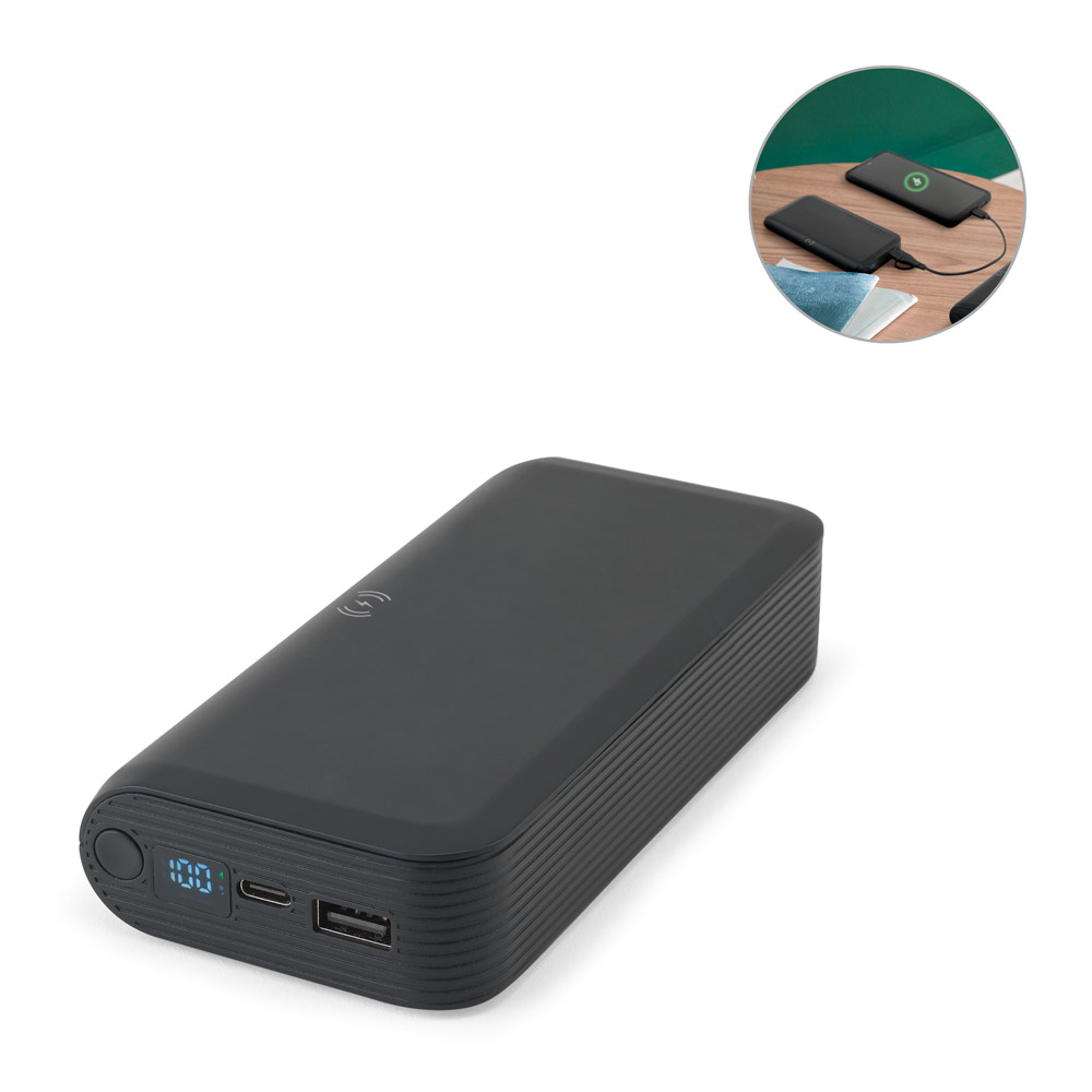 Novidades 2026!!! . Bateria portátil em ABS 100% reciclado com carregador wireless super-rápido 15W e capacidade de 20.000 mAh