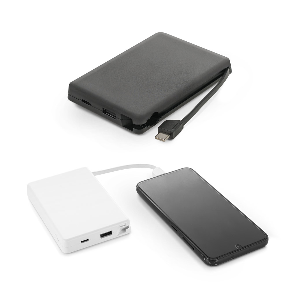 Novidade 2026!!! Bateria portátil em ABS 100% reciclado, com cabo integrado e capacidade de 10.000 mAh