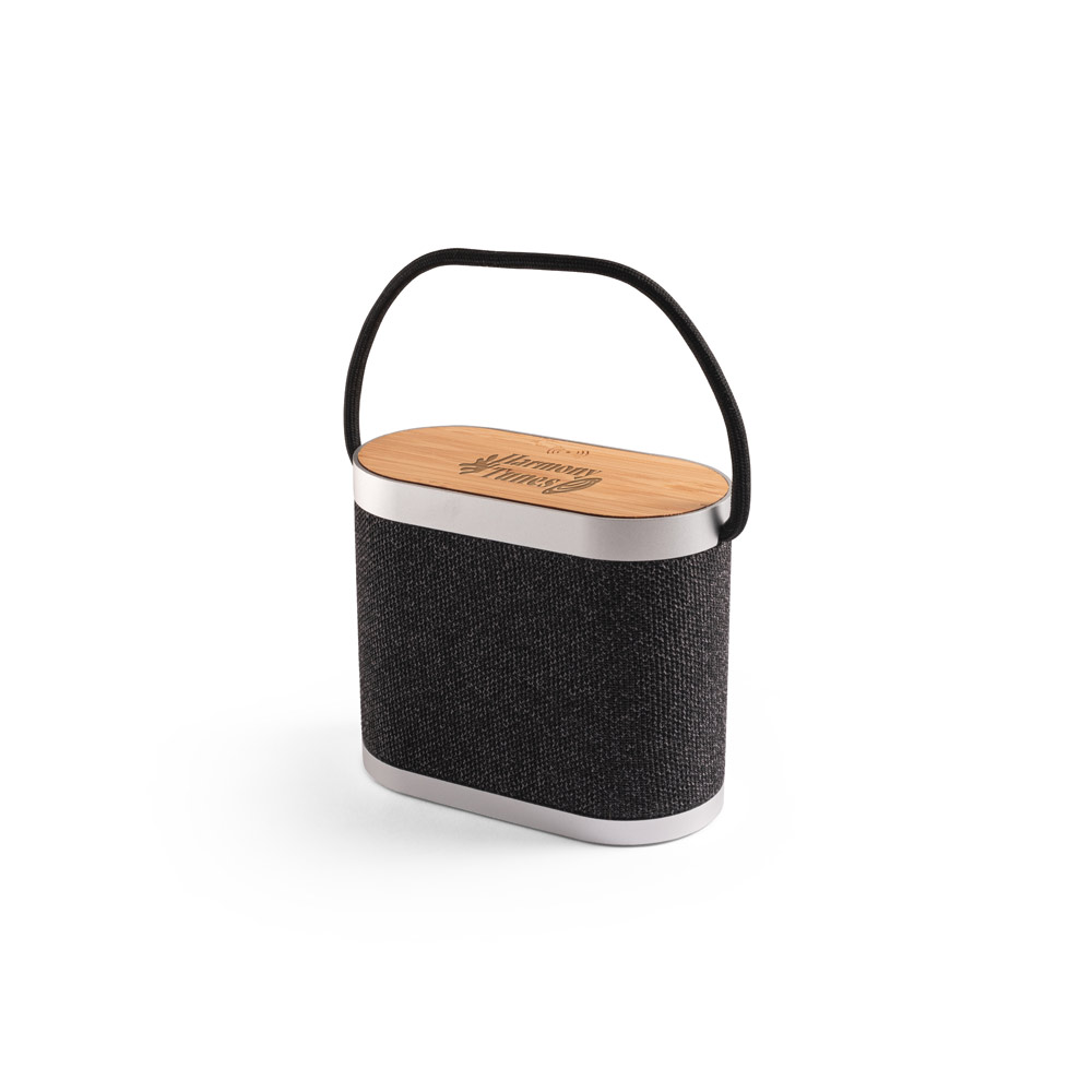 Novidade 2026!!! Caixa de som de 15W com carregador wireless super-rápido 15W e 2h de autonomia em bambu e PET 100% reciclado
