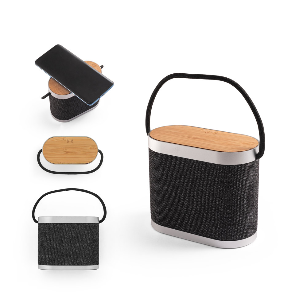 Novidade 2026!!! Caixa de som de 15W com carregador wireless super-rápido 15W e 2h de autonomia em bambu e PET 100% reciclado