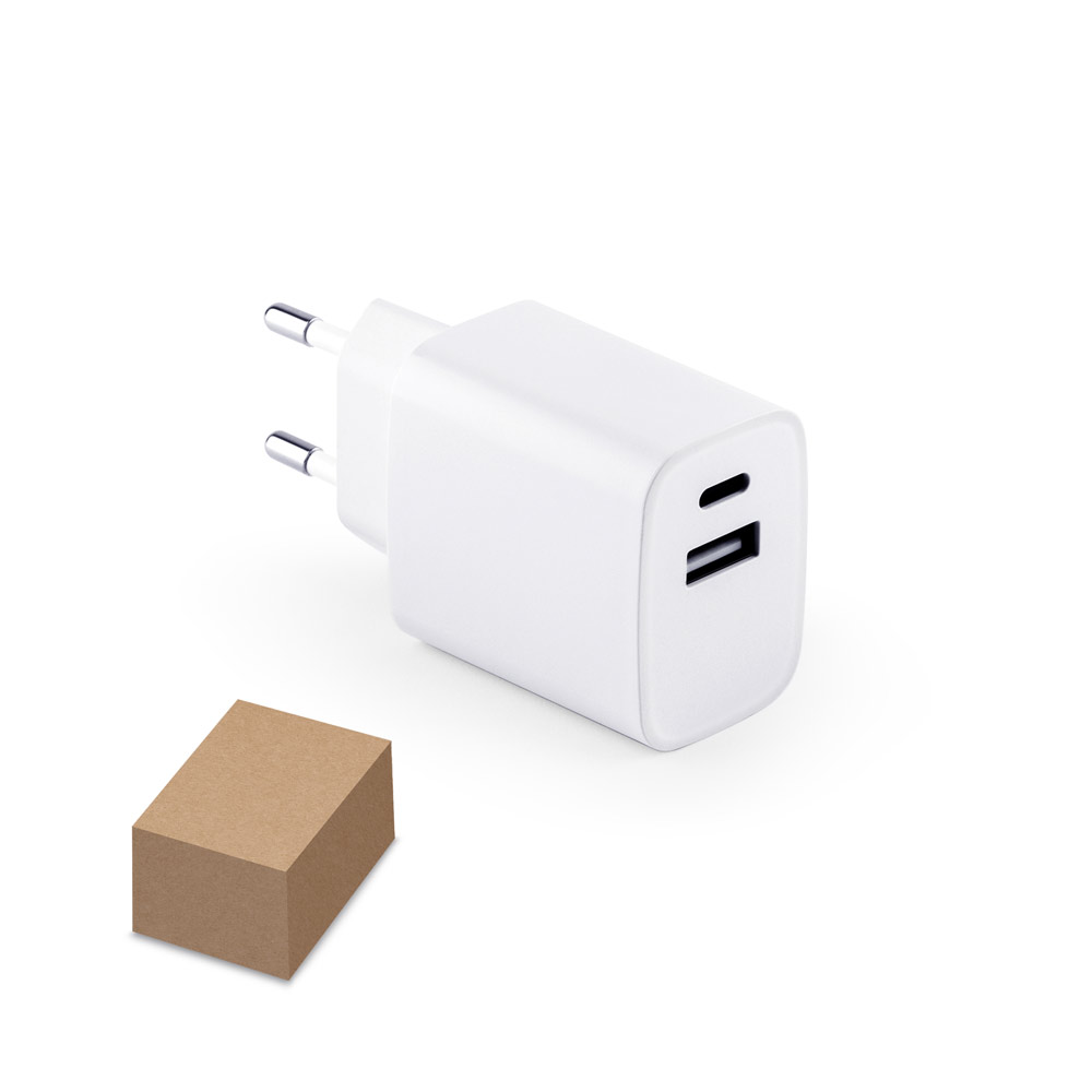 Novidade 2026!!! Adaptador de corrente com porta USB-A 18W e USB-C 20W em ABS 100% reciclado