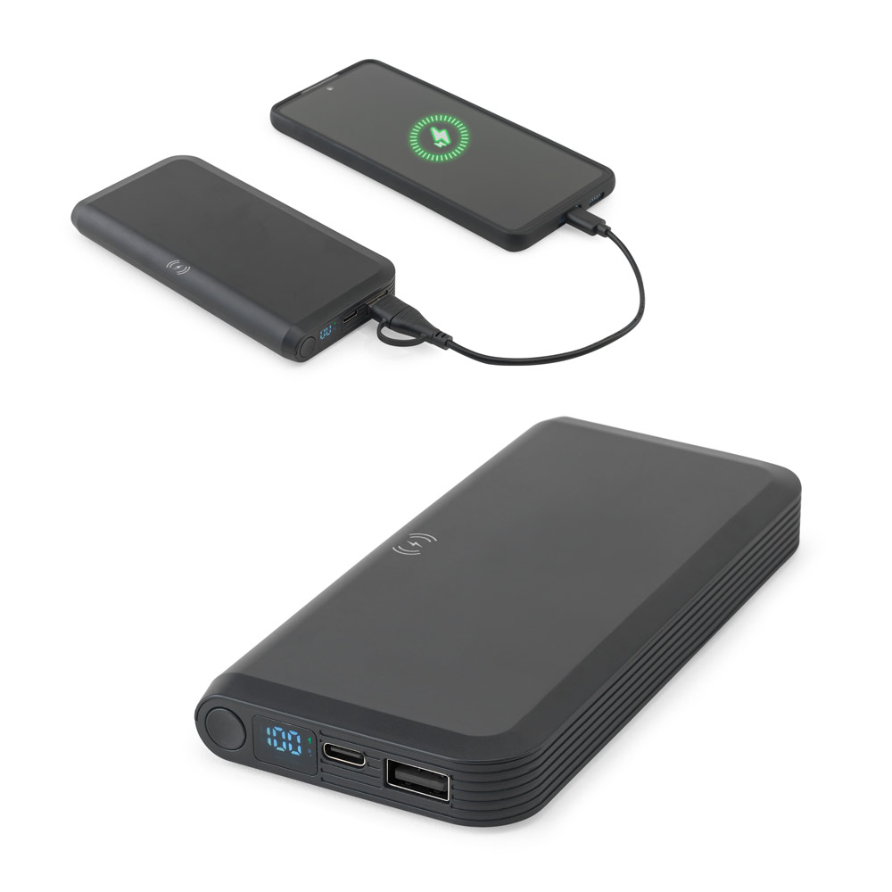 Novidade 2026!!!! Bateria portátil em ABS 100% reciclado com carregador wireless super-rápido 15W e capacidade de 10.000 mAh