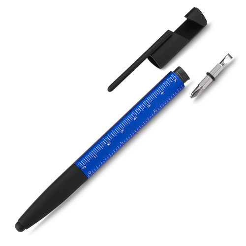 Caneta em metal com ponta touch. Apoio para smartphone, limpa tela e régua. 16,0 x ø1,3 cm