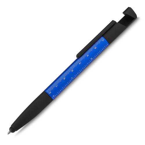 Caneta em metal com ponta touch. Apoio para smartphone, limpa tela e régua. 16,0 x ø1,3 cm