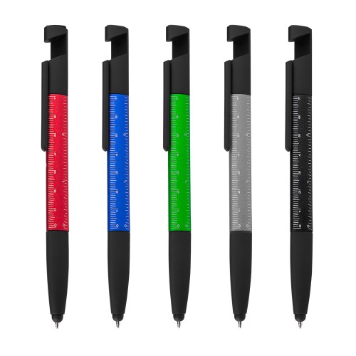 Caneta em metal com ponta touch. Apoio para smartphone, limpa tela e régua. 16,0 x ø1,3 cm