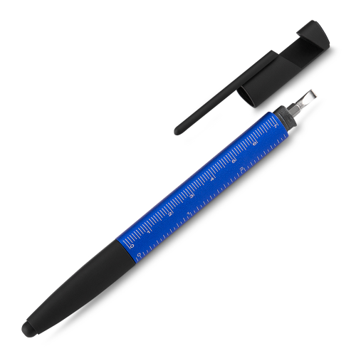 Caneta em metal com ponta touch. Apoio para smartphone, limpa tela e régua. 16,0 x ø1,3 cm