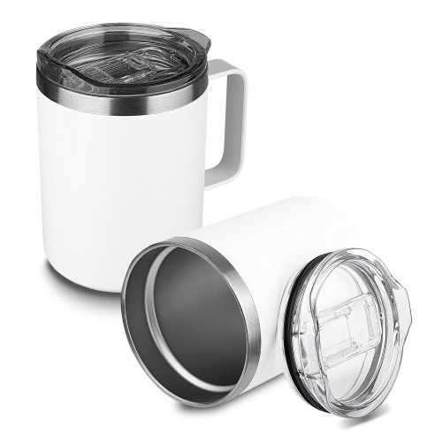 Caneca térmica em aço inox, tampa plástica e anel de silicone para vedação. Capacidade até 350 ml. 12 x ø9 cm