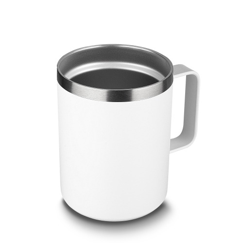Caneca térmica em aço inox, tampa plástica e anel de silicone para vedação. Capacidade até 350 ml. 12 x ø9 cm