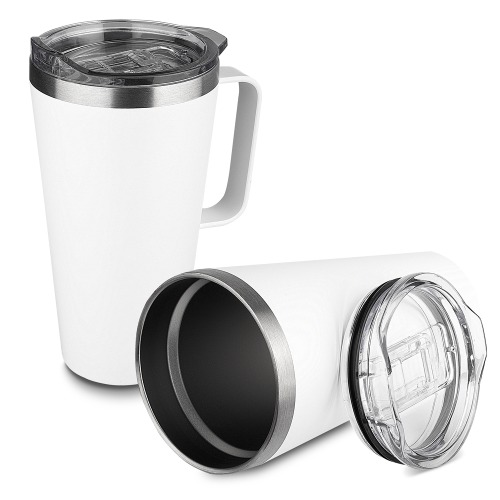 Caneca térmica em aço inox, tampa plástica e anel em silicone para vedação. Capacidade até 530 ml. 17 x ø9 cm