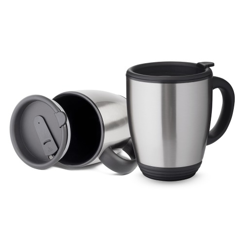 Caneca em aço inox com capacidade até 450 ml. Parte interna em plástico. 14 x 10,5 cm