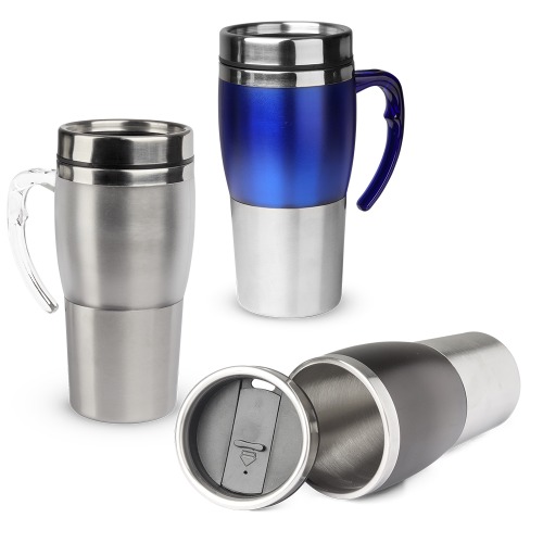 Caneca em aço com detalhe plástico e colorido. Capacidade até 400 ml. 17,5 x ø8 cm