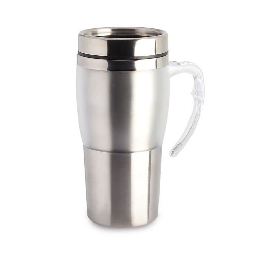 Caneca em aço com detalhe plástico e colorido. Capacidade até 400 ml. 17,5 x ø8 cm