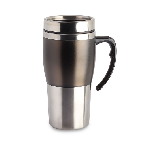 Caneca em aço com detalhe plástico e colorido. Capacidade até 400 ml. 17,5 x ø8 cm