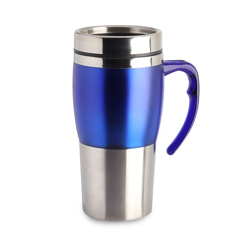 Caneca em aço com detalhe plástico e colorido. Capacidade até 400 ml. 17,5 x ø8 cm