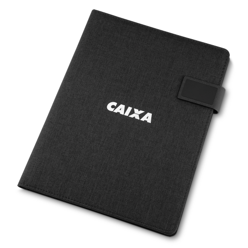 Pasta executiva com bloco de nota com 20 folhas. Suporte para celular, caneta e cartões.