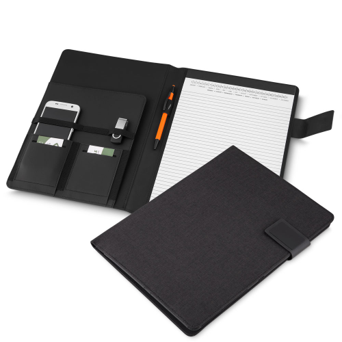 Pasta executiva com bloco de nota com 20 folhas. Suporte para celular, caneta e cartões.