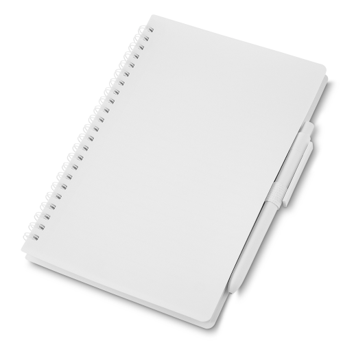 Caderno capa em PP misto, com suporte para caneta. 70 folhas pautadas. 21 x 14 cm. Com caneta plástica retrátil.