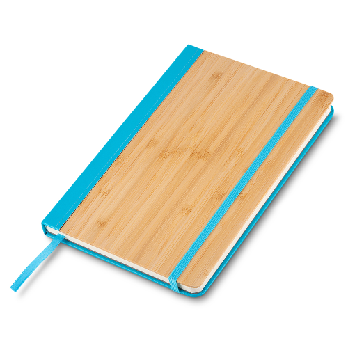 Caderno em capa de bambo e PU. Com elástico, 70 folhas. 20,5 x 13 ,1 cm