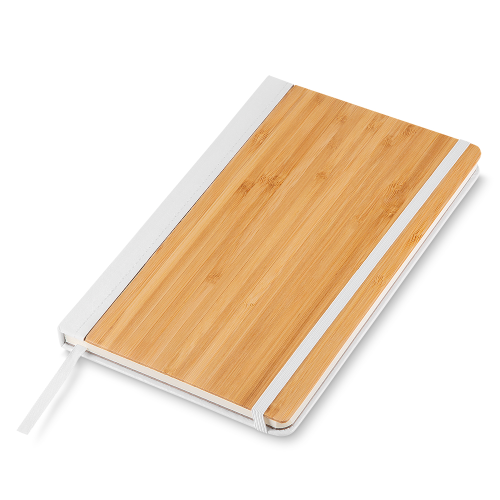 Caderno em capa de bambo e PU. Com elástico, 70 folhas. 20,5 x 13 ,1 cm