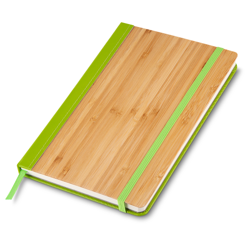 Caderno em capa de bambo e PU. Com elástico, 70 folhas. 20,5 x 13 ,1 cm