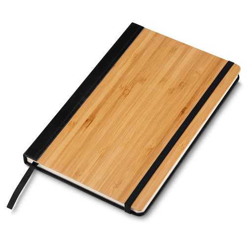 Caderno em capa de bambo e PU. Com elástico, 70 folhas. 20,5 x 13 ,1 cm