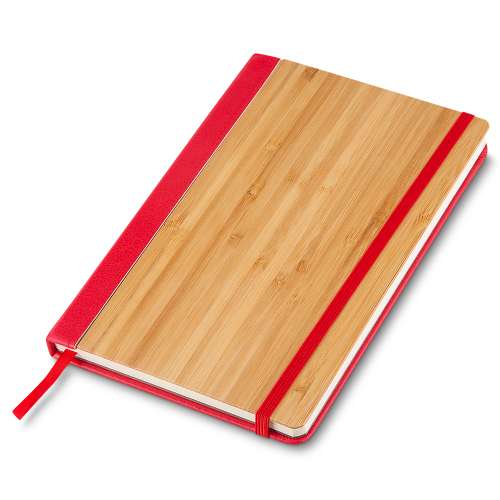 Caderno em capa de bambo e PU. Com elástico, 70 folhas. 20,5 x 13 ,1 cm