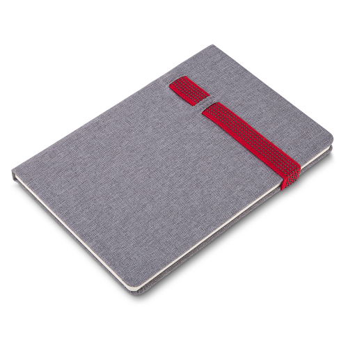 Caderno capa dura em material sintético. Com elástico e suporte para celular e caneta. 80 folhas.