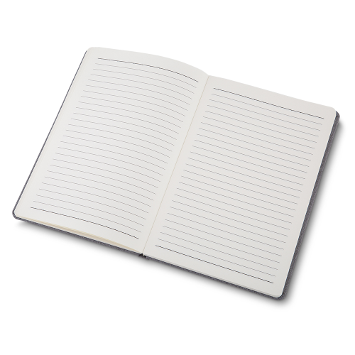 Caderno capa dura em material sintético. Com elástico e suporte para celular e caneta. 80 folhas.
