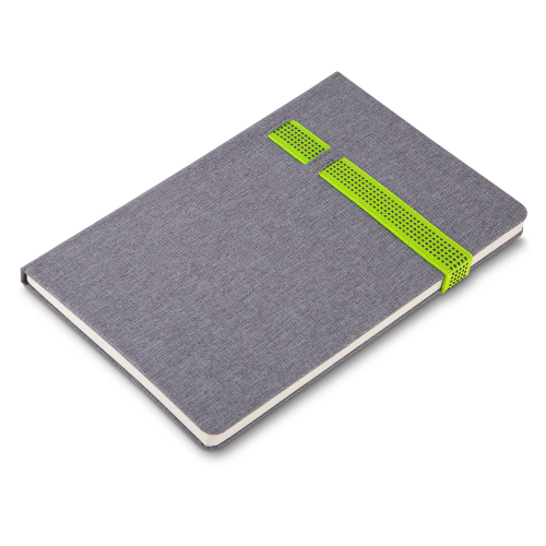 Caderno capa dura em material sintético. Com elástico e suporte para celular e caneta. 80 folhas.