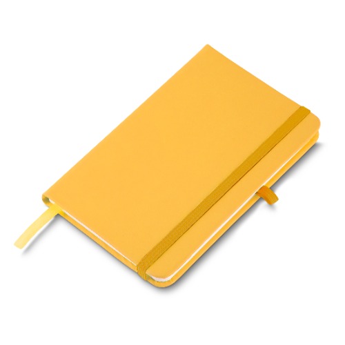 Caderno capa dura em material sintético, com suporte para caneta. 80 folhas. 14 x 9 x 2 cm