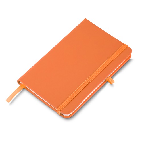 Caderno capa dura em material sintético, com suporte para caneta. 80 folhas. 14 x 9 x 2 cm
