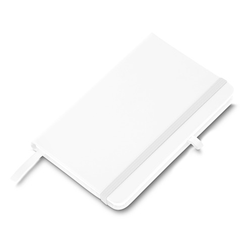Caderno capa dura em material sintético, com suporte para caneta. 80 folhas. 14 x 9 x 2 cm