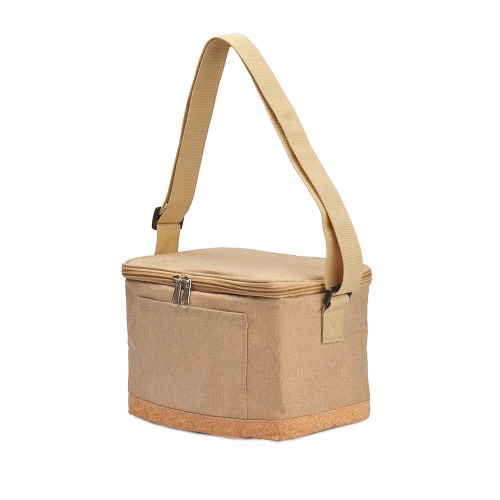 Bolsa térmica em poliéster e detalhes na parte inferior em cortiça. 16,5 x 23 x 17 cm