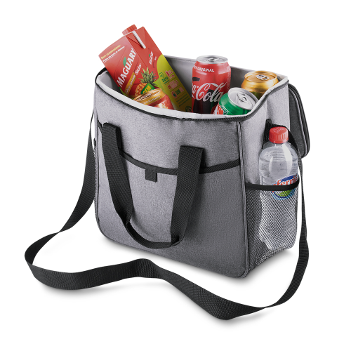 Bolsa térmica, tecido nylon e poliéster. Capacidade 16 litros. 33 x 32 x 16 cm